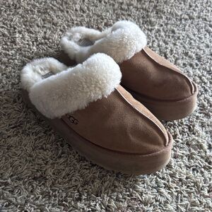UGG Women's Chestnut Suede Shearling Mule Slippers with Cream Cuff